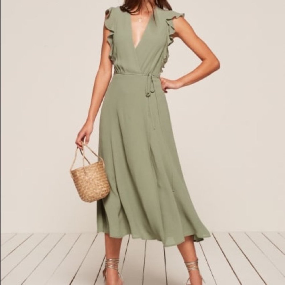 Reformation Hillary Sage Green Midi Wrap Dress